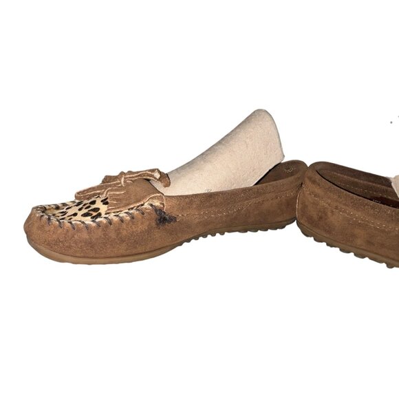 Minnetonka Womens Brown Suede Moccasins With Leopard Print Accent Size 9 - Picture 9 of 13